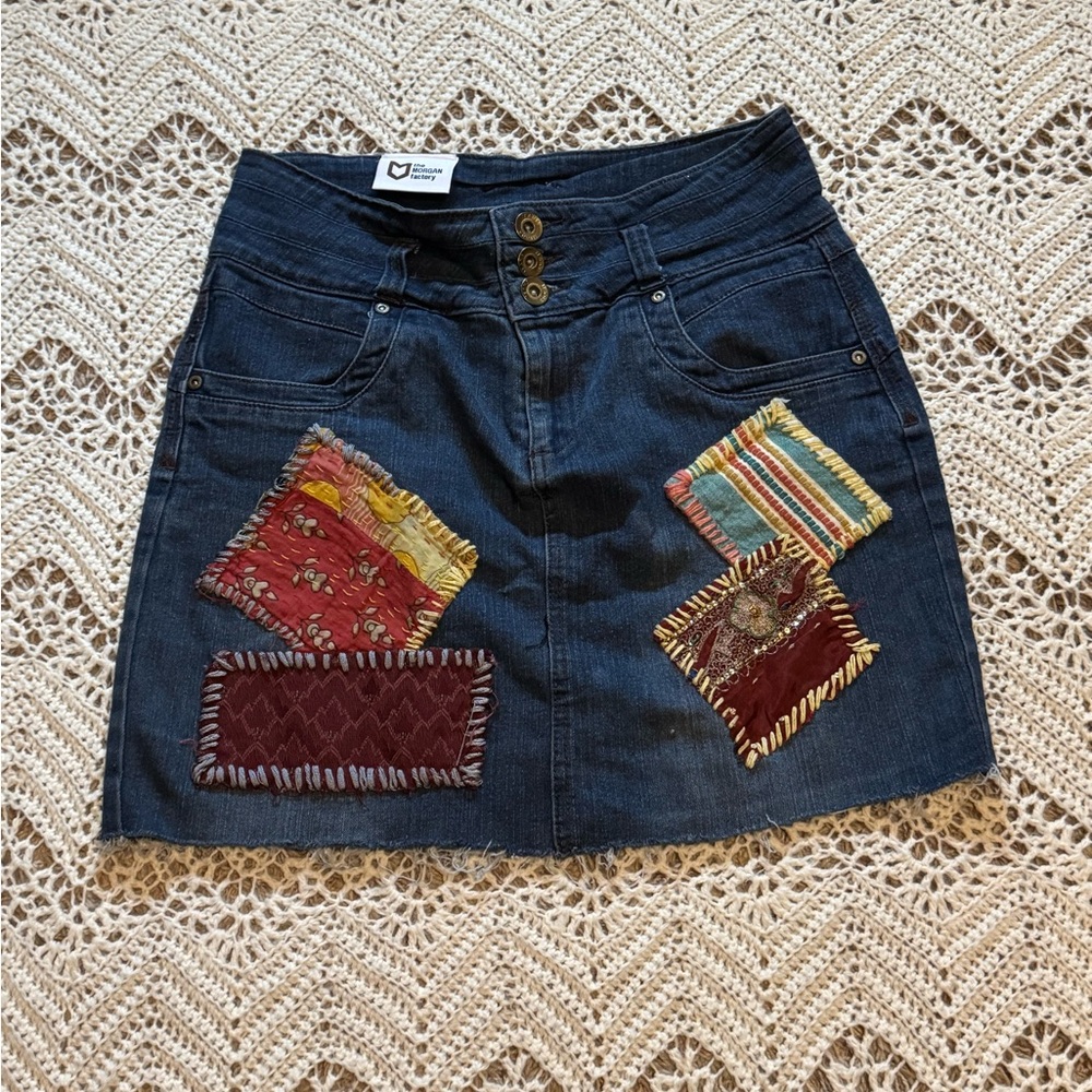 The Morgan Factory Recycled Colorful Patchwork Skirt Boho Bohemian Denim Skirt